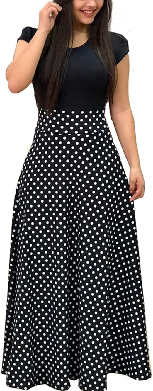 Uinolo Womens Short Sleeve Floral Printed Splicing Color Prom Cocktail Swing Long Maxi Dress