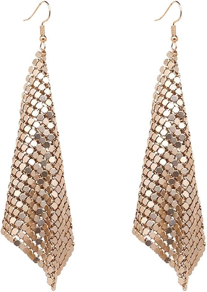 Rectangle Dangle Lightweight Mesh Tassel Sequin Long Drop Earrings