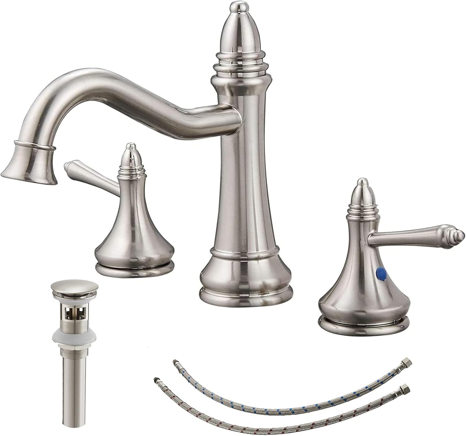 Greenspring Brushed Nickel Bathroom Faucet Widespread 3 Hole 2 Handle For Sink Waterfall Spout Commercial Faucets 8-16 Inch With Pop Up Drain With Overflow Brass Supply Line Lead-Free