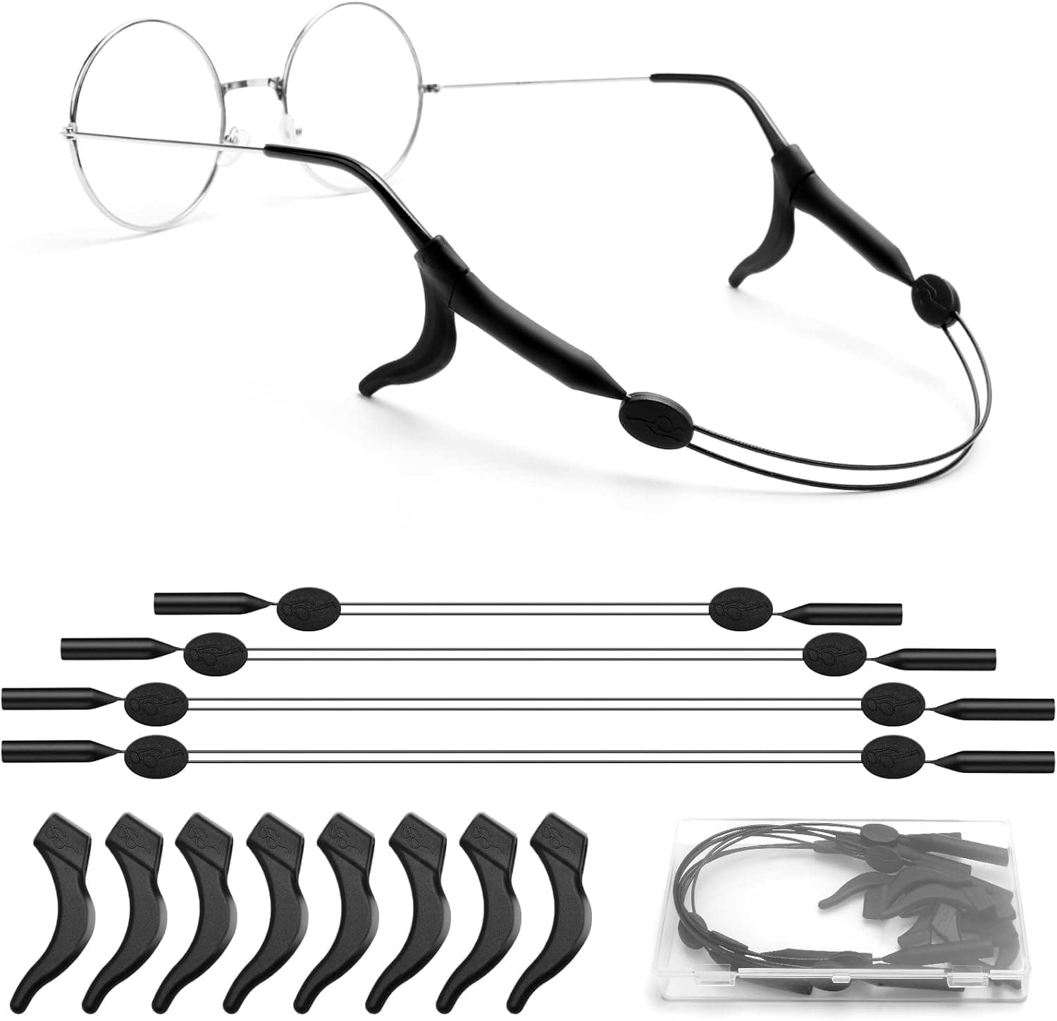 KAJUDA 4Pcs Adjustable Glasses Strap, Glasses Sport Strap Holder Sunglass Retainer, Upgrade No Tail Anti-Slip Eyeglass Straps and Ear Hook 8Pcs for Men Women (Black)