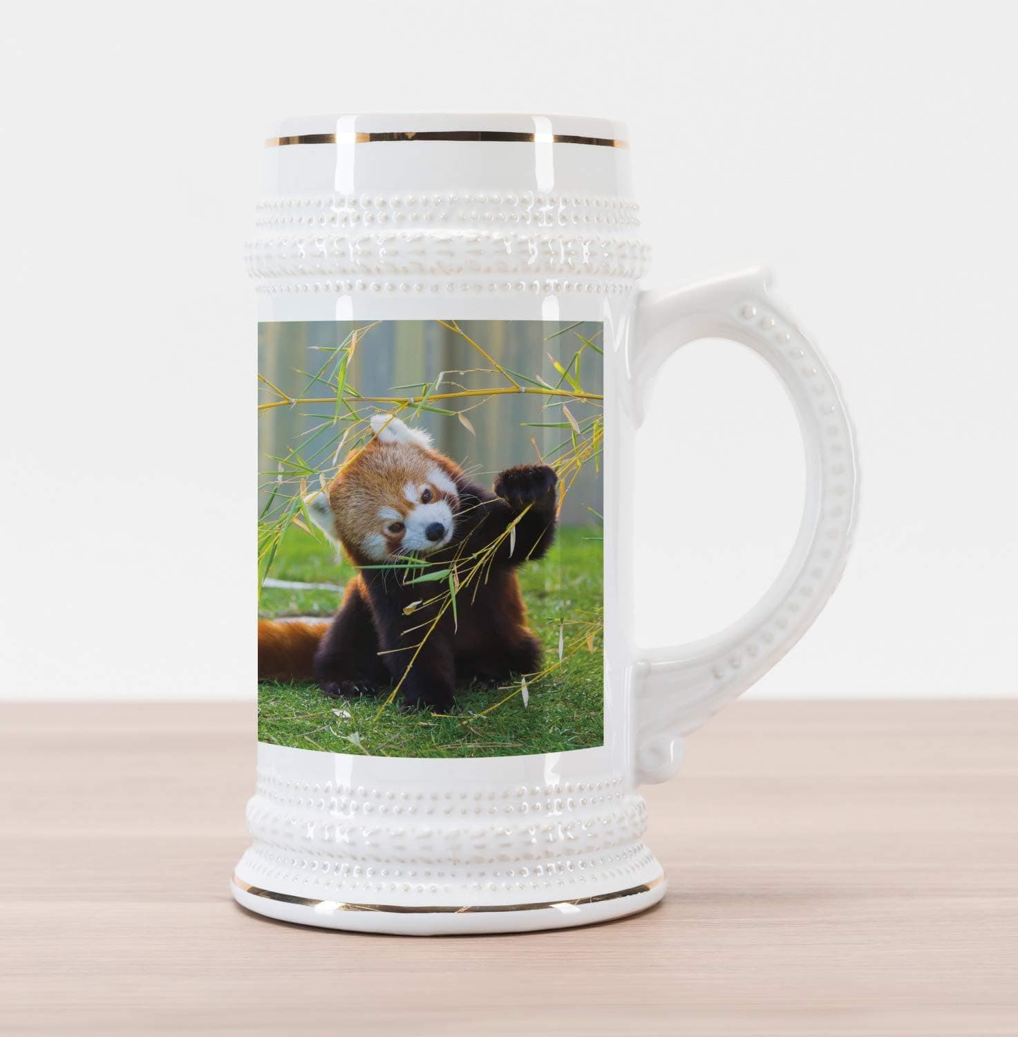 Ambesonne Africa Beer Stein Mug, Panda on the Field Playing Bamboo Branches Native Himalaya Mountains, Decorative Printed Ceramic Large Beer Mug Stein, 30 oz, Brown Green