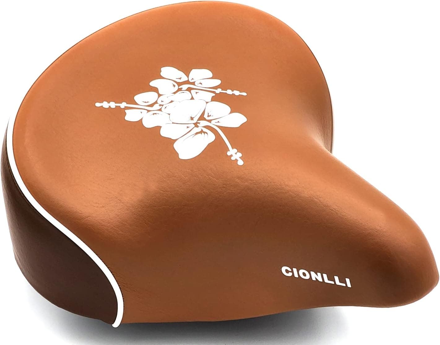 Cionlli Bike Saddle in Brown with White Flowers, Classic Style Seat for Beach Cruiser City Electric Bikes, Twin-Spring suspenion. Made in Taiwan!