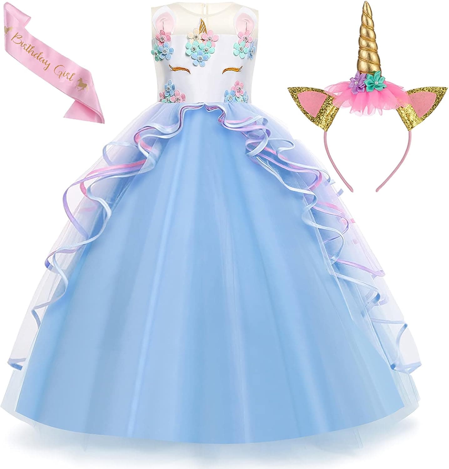 Chektin Unicorn Dress for Girls Unicorn Costume Pageant Princess Party Birthday Long Maxi Gown with Unicorn Headband Satin