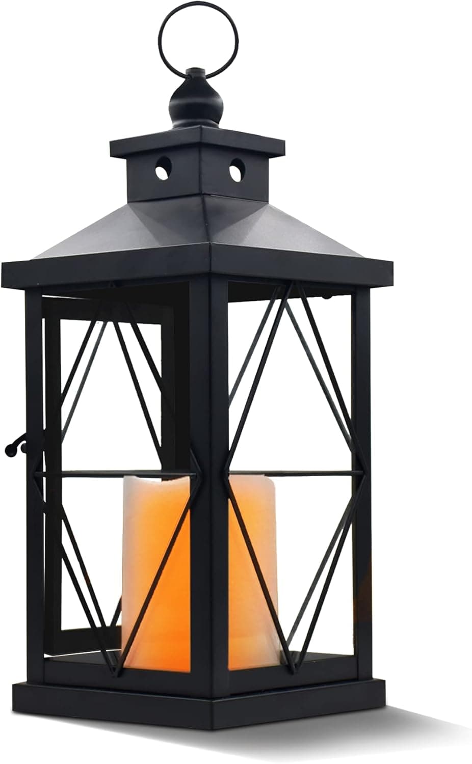 14” Black Christmas Decorative Lantern with LED Candle, Flickering Flameless Metal Lantern Battery Powered for Home Door Porch Indoor Outdoor
