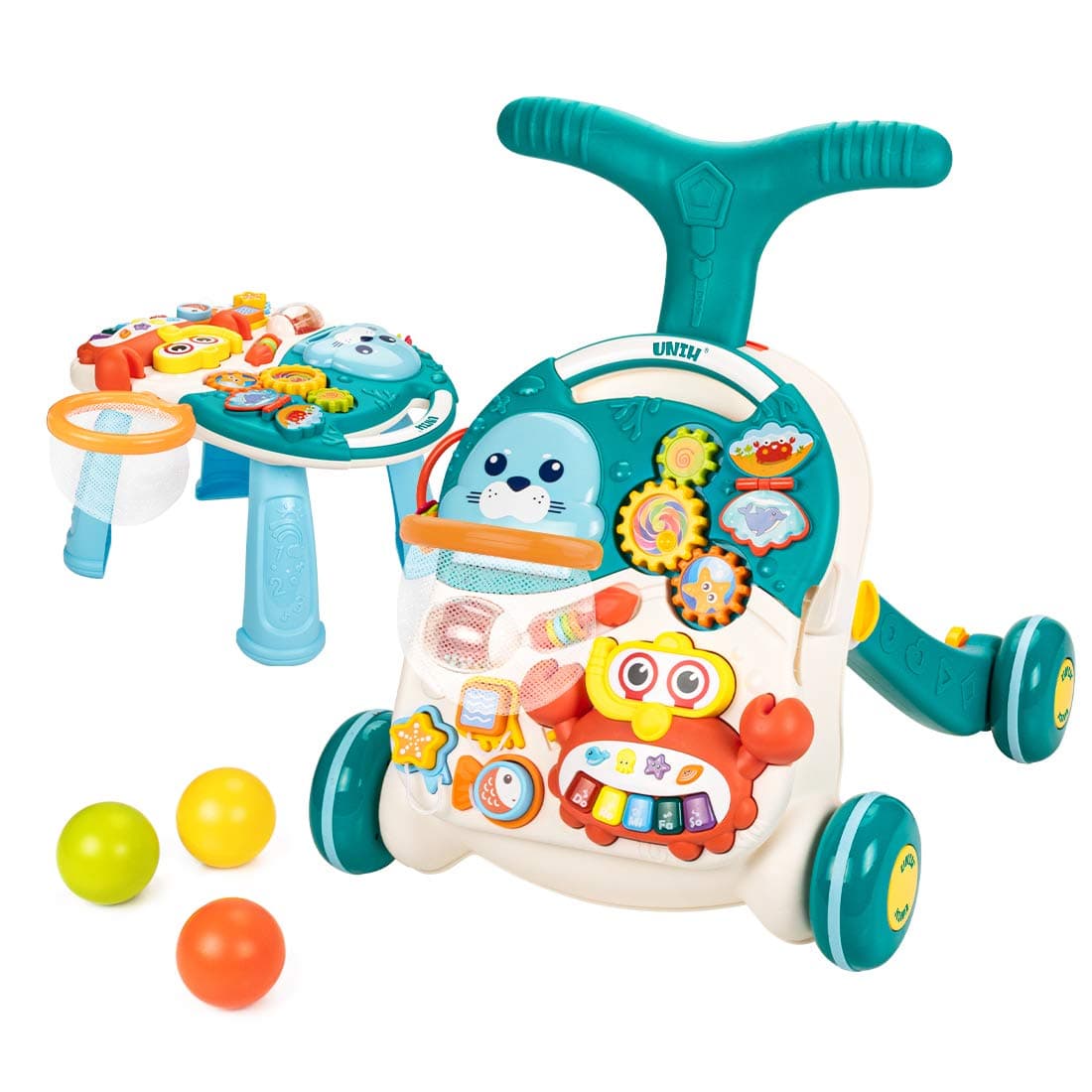 UNIH Baby Sit to Stand Learning Walkers & Activity Table, 2 in 1 Early Education Activity Center,Cute Seals Crab Musical Toys Balls for Toddlers Infant Boy Girl 9-18 Months