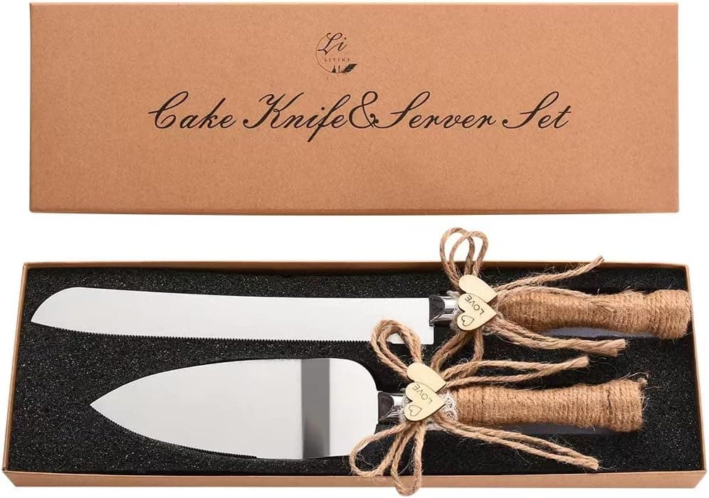 Rustic Wedding Cake Knife and Server Set-ULA Natural Burlap Twine Handle Wood Heart Cutlery for Wedding Gift,Cake Cutting Set for Wedding Rustic Wedding Decor (Burlap)