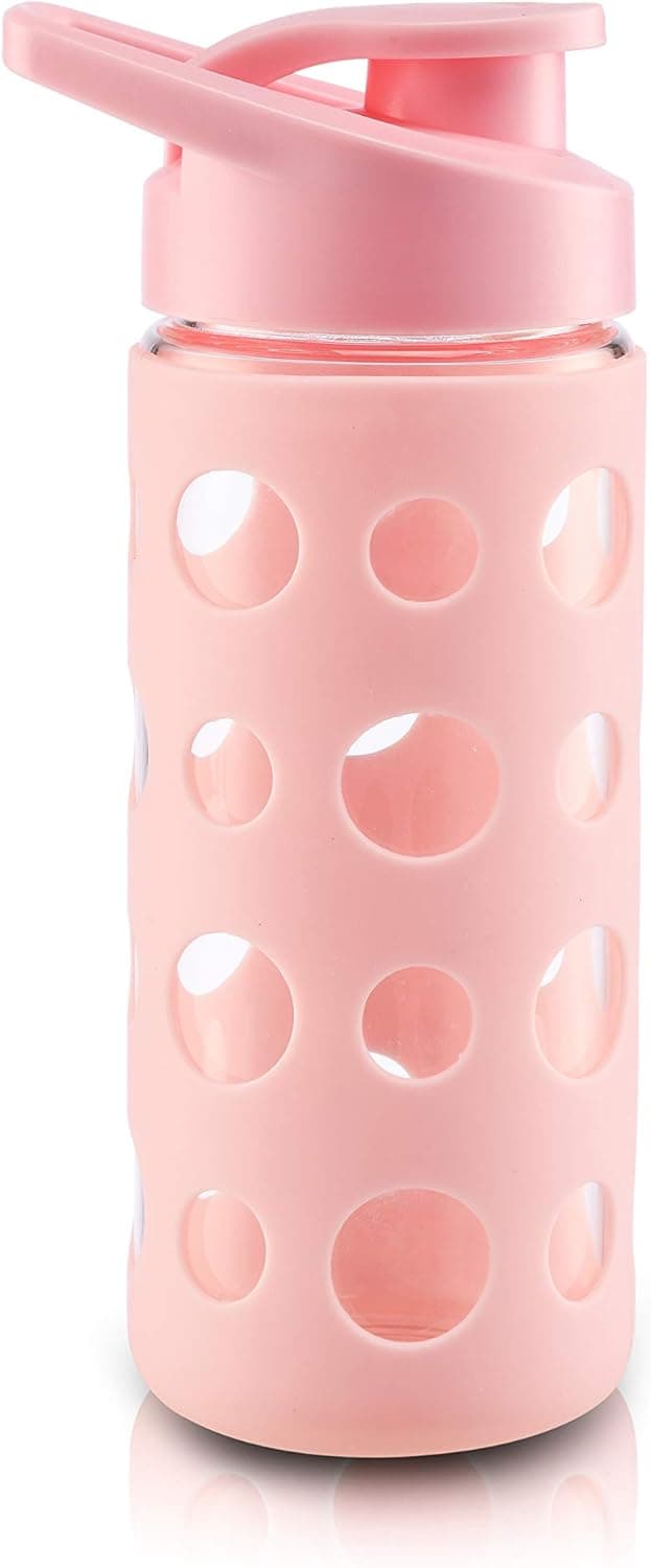 DE.KITCHEN&HIFUN Glass Water Bottle 12 oz, Water Drinking Glass with Flip Cap, Cute Water Bottle Glass with Silicon Sleeve BPA Free Dishwasher Safe(Pink)
