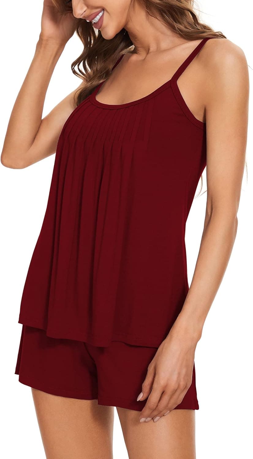 YYA Pajamas Set for Women 2 Piece Sleeveless Pleated Tops&Shorts Sleepwear Pj Lounge Sets S-XXL