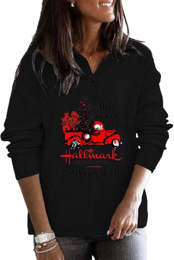 Flovey Women's This Is My Christmas Movies Watching Shirt Zip Sweatshirt, Fall Shirt for Women (Black, XX-Large)