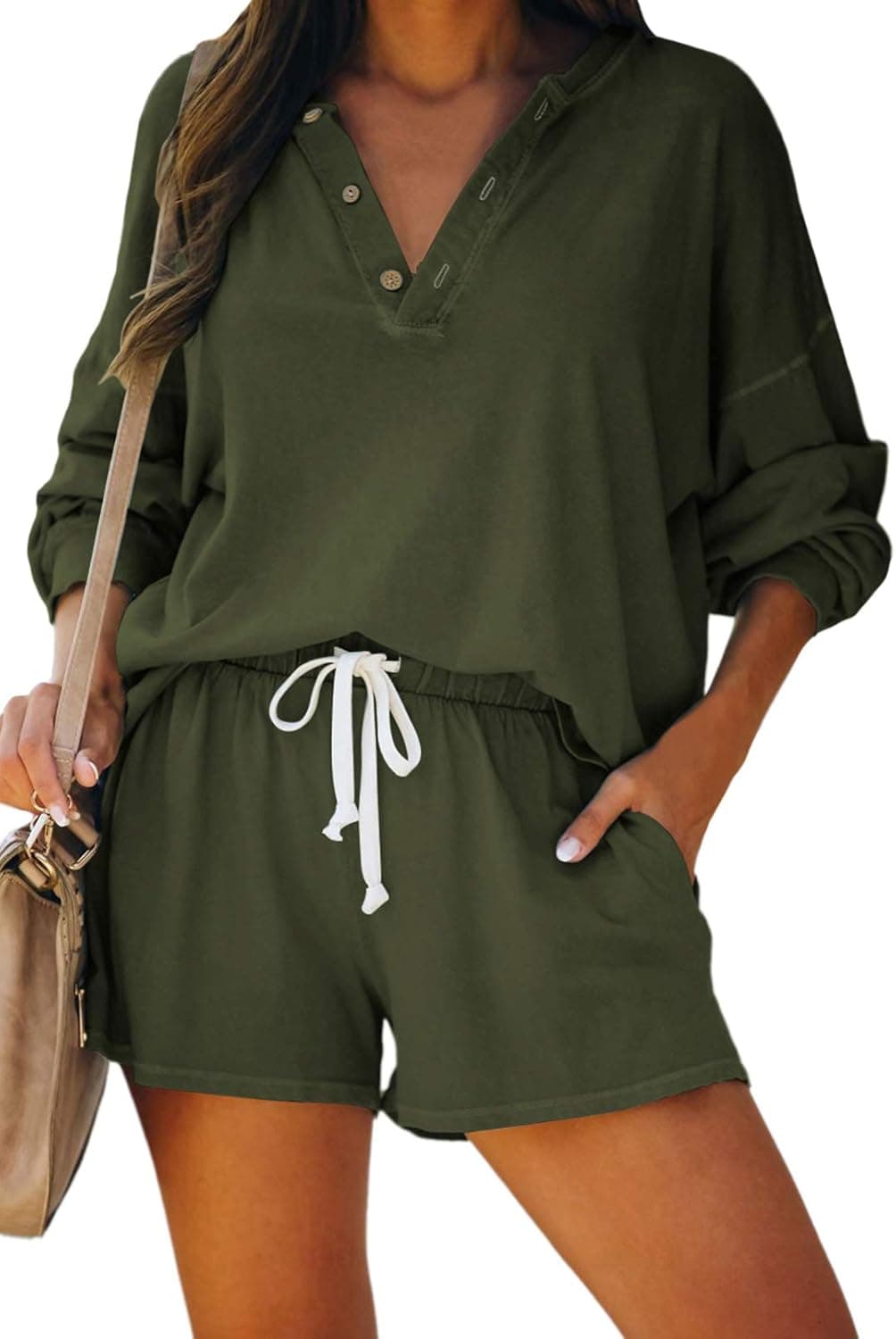 Linsery Women Casual Sweatsuit Long Sleeve Tops and Shorts Pajamas 2 Piece Outfits