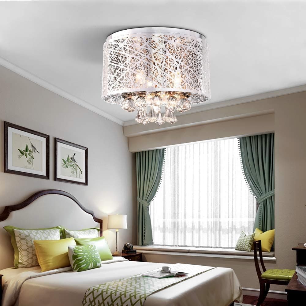 Maxax Flush Mount Crystal Chandelier, 3 Lights Modern Drum Ceiling Light Fixture Lamp, Raindrop Round Metal Shade, for Bathroom, Bedroom, Dining Room, Living Room, Chrome