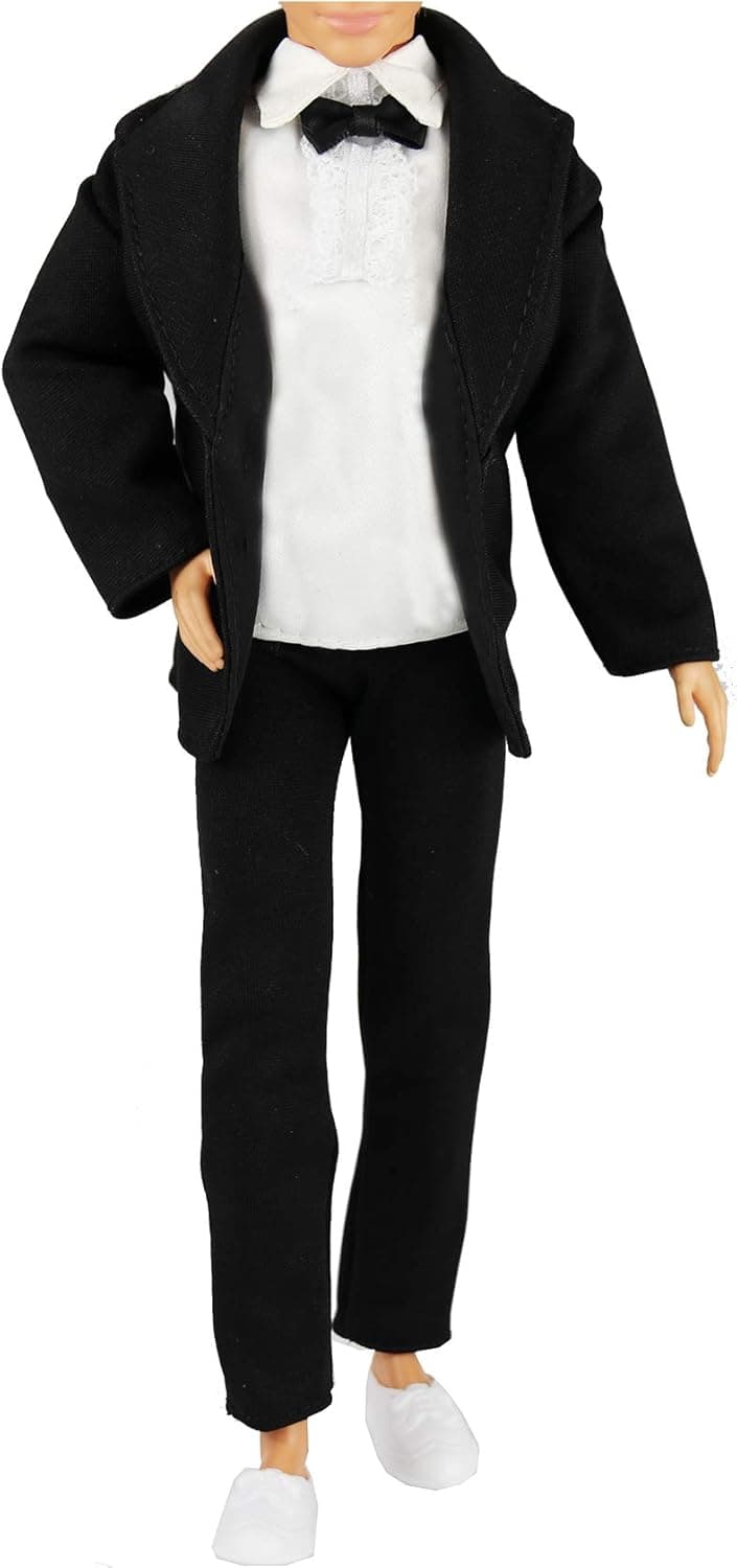 BARWA 3pc Ken Doll Clothes Black Tuxedo Suit with Tie White Shirt, Pants and Jacket for 12 inch Ken Doll