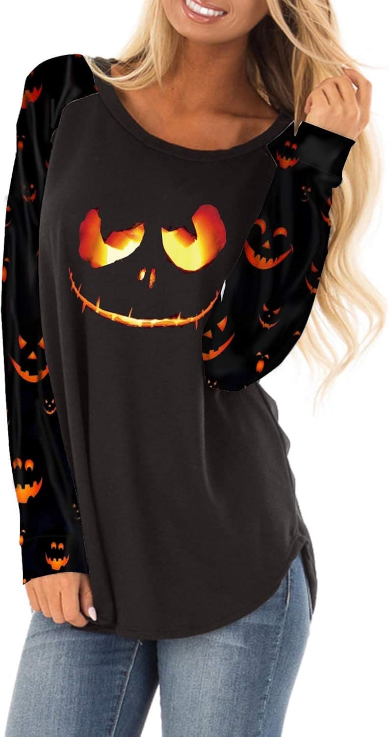 Malaven Halloween Shirts for Women Pumpkin Casual Patchwork Color Block Long Sleeve Loose Lightweight Tunic Halloween Shirts Blouses Tops Black US12 14