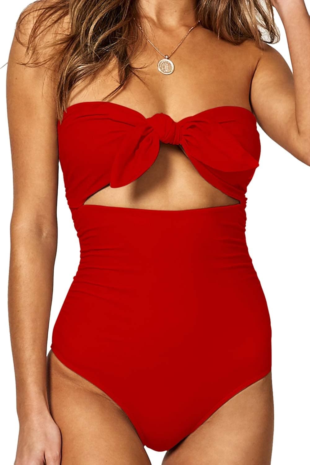 BOOSOULY Women's Beandeau Tie Knot Front Cut Out High Waist One Piece Swimsuits