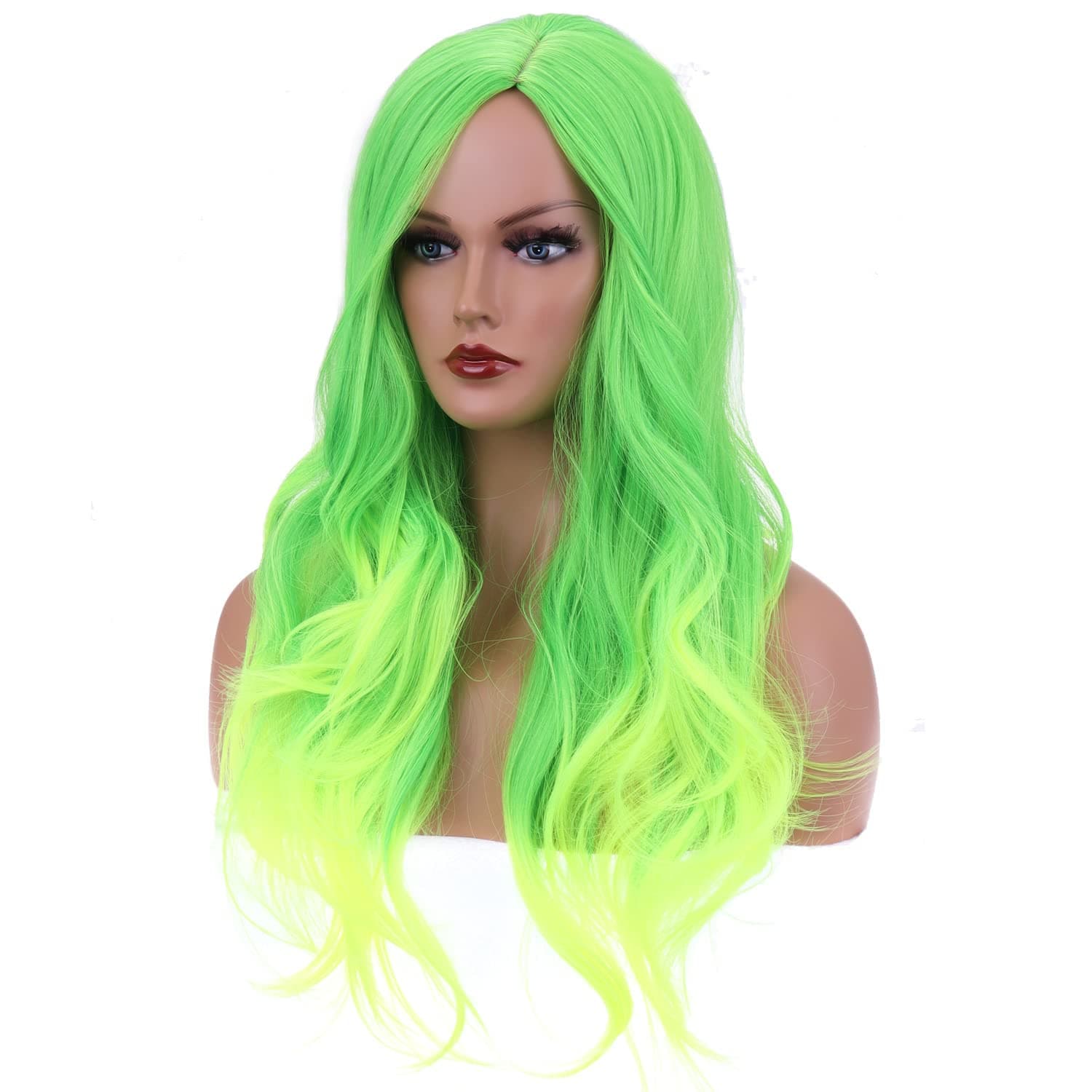 BERON 27 Inches Green Wig Long Curly Wig Neon Green Wigs Charming Full Wigs for Cosplay Girls Party or Daily Use Wig Cap Included