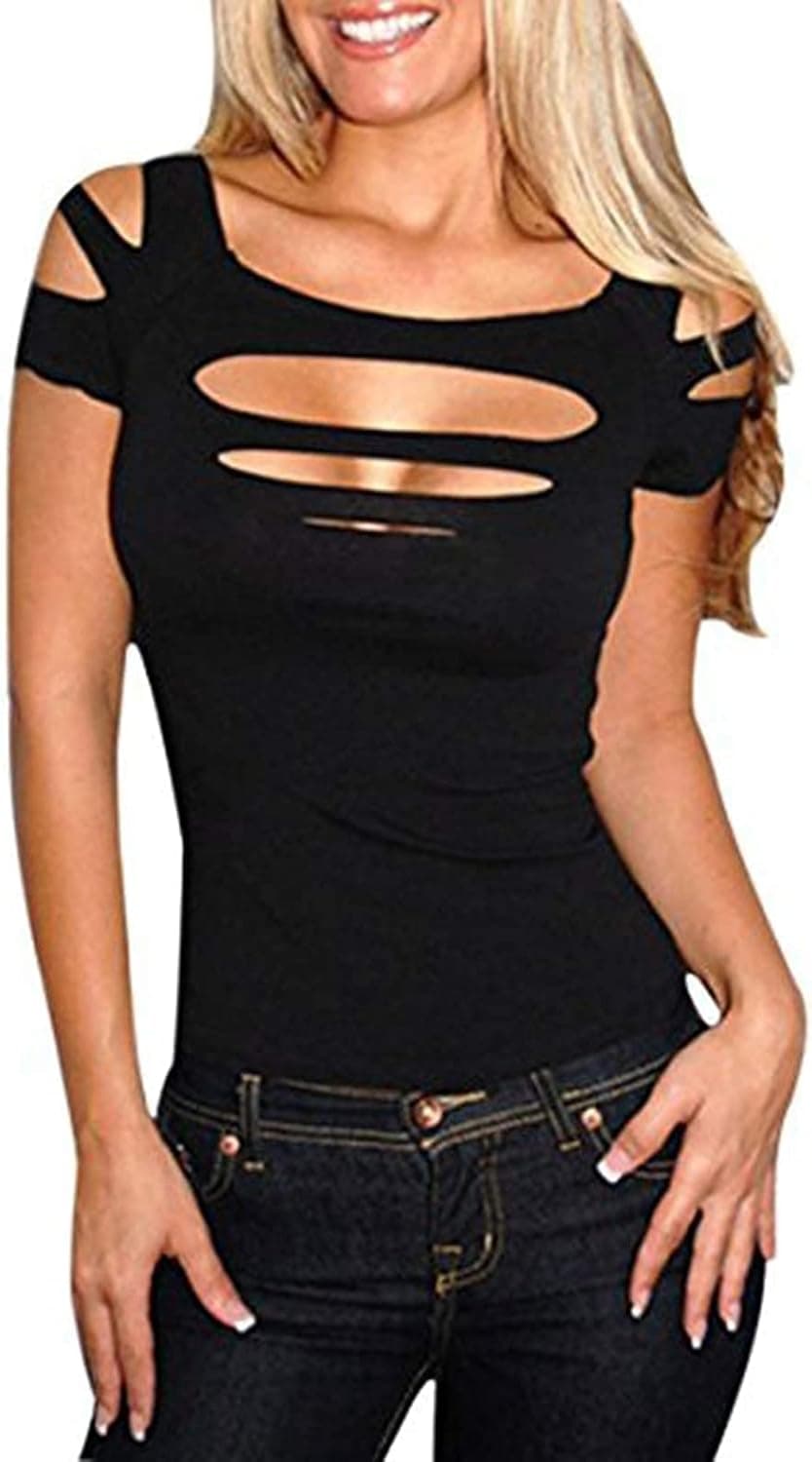 Hilinker Women's Short Sleeve Cold Shoulder Tops Cut Out Boat Neck Casual Blouses Shirts Black X-Large