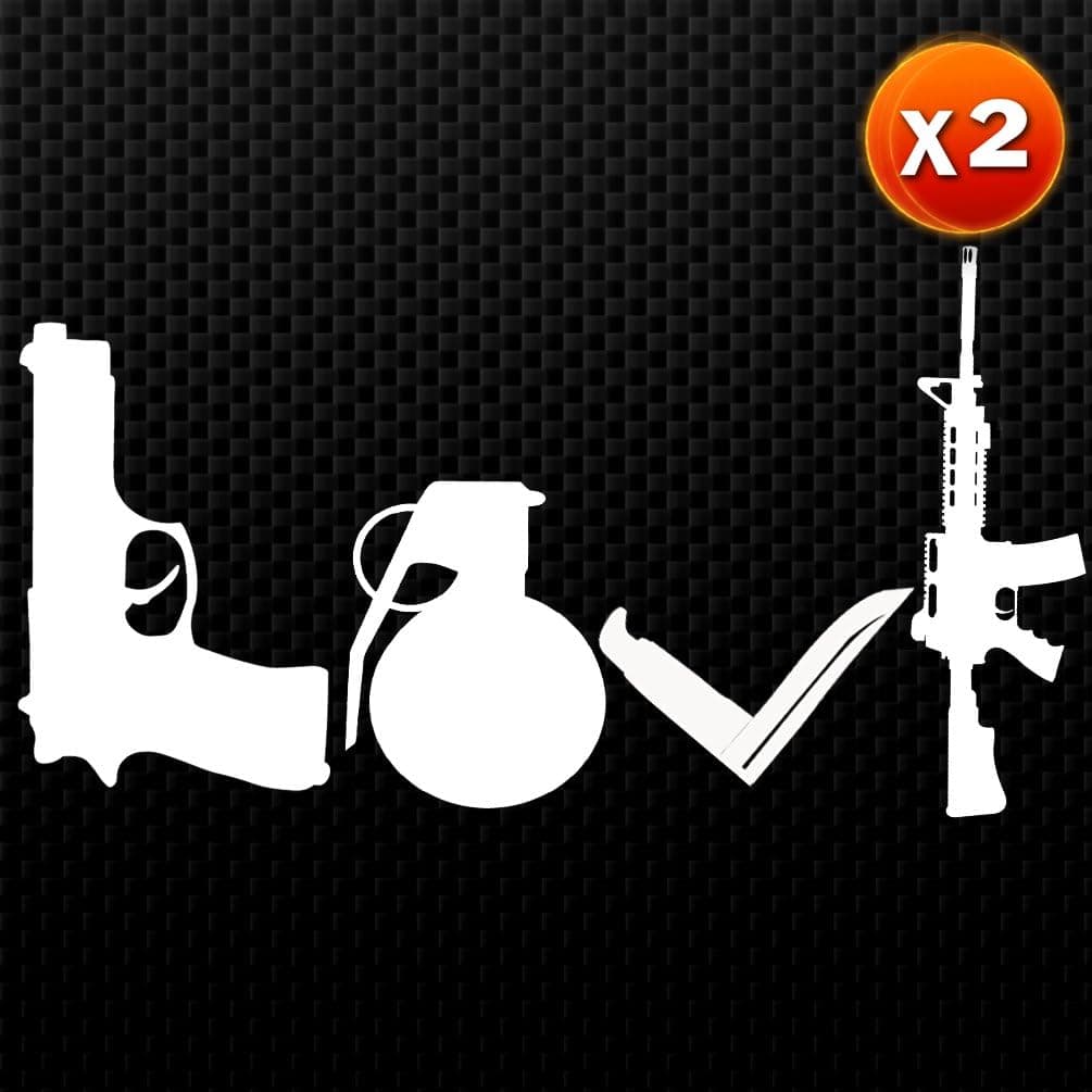 (2x) LOVE: Gun Grenade knife Rifle Auto Emblem Car Sticker Vinyl Decal (White 7" CD-0340)