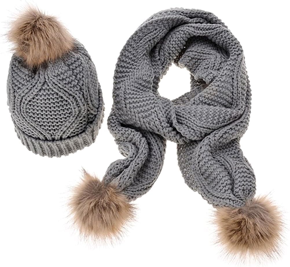 JELINDA Women Girls Cable Knit Beanie Skully Cap Warm Soft Pom Pom Hat Scarf Set