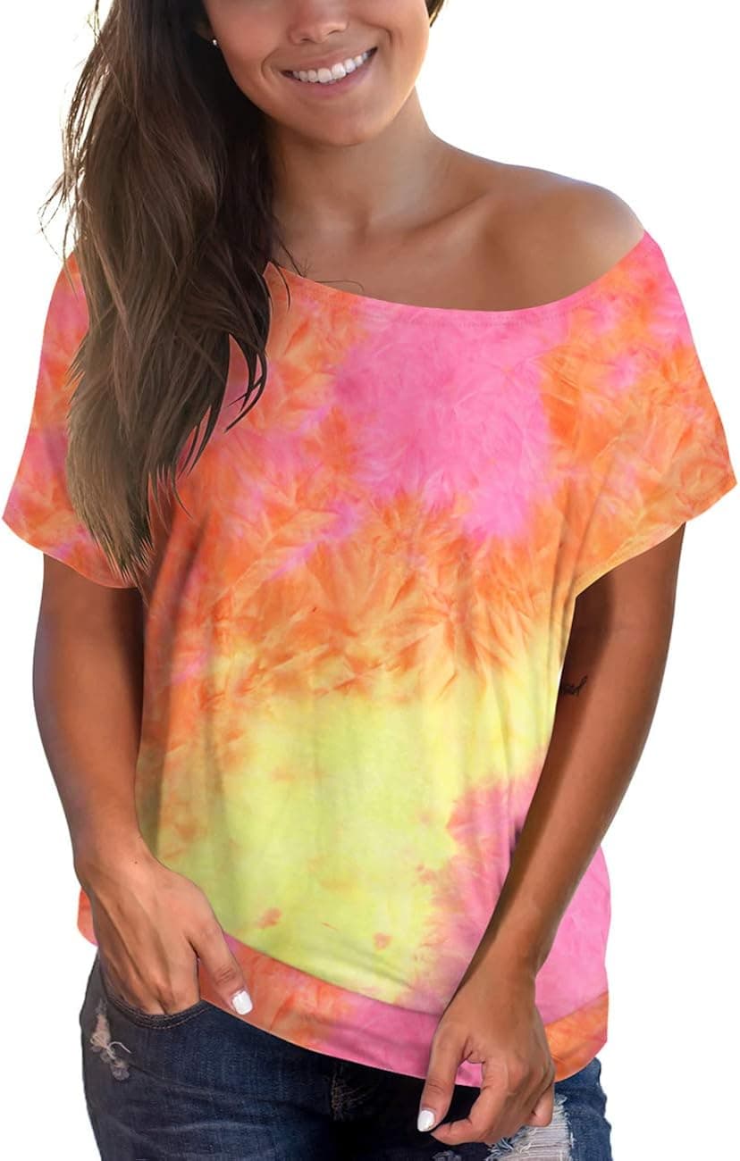 deqiang Womens Short Sleeve Tops Casual Off Shoulder Summer Tee Tie Dye Shirt