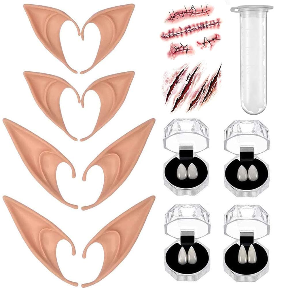8pcs The ears of elves， two pairs of vampire canine teeth, role-playing teeth, fixed gutta percha and a halloween themed tattoo are all gifts for the party