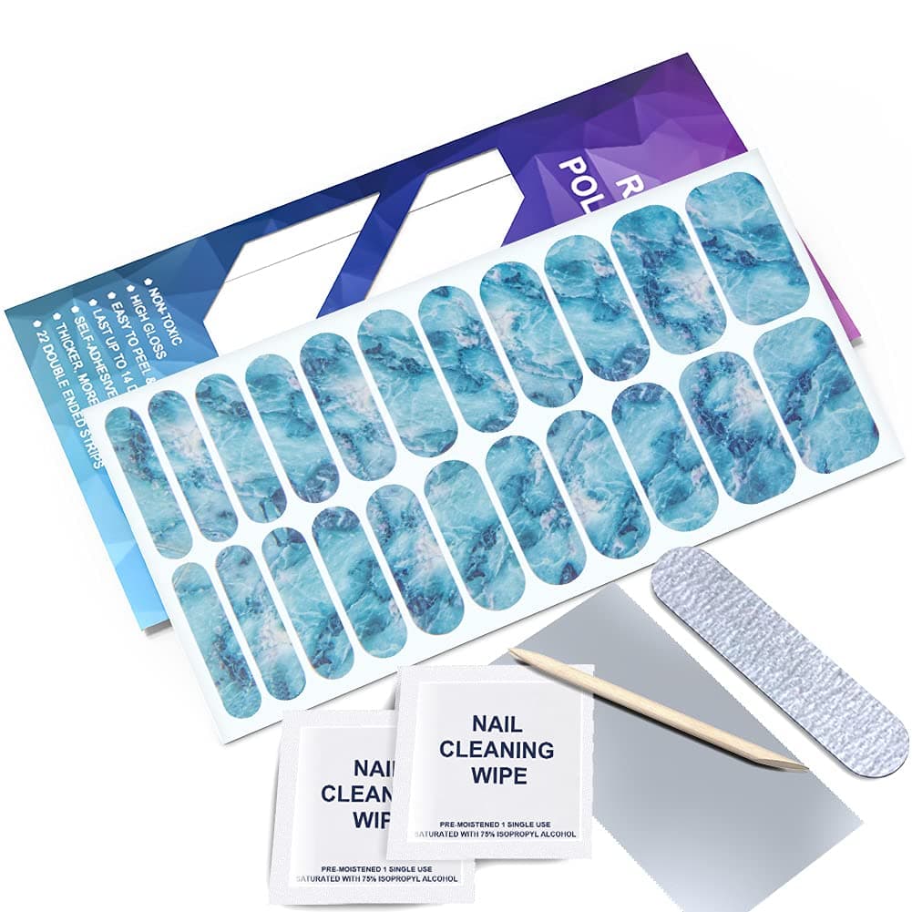 22 Strips Double Ended Nail Sticker Self-Adhesive for Color Polish Decal Design Manicure Kit with Cuticle Stick, Nail File & Wipes, Sealer by BELLEBOOST (Green Marble)