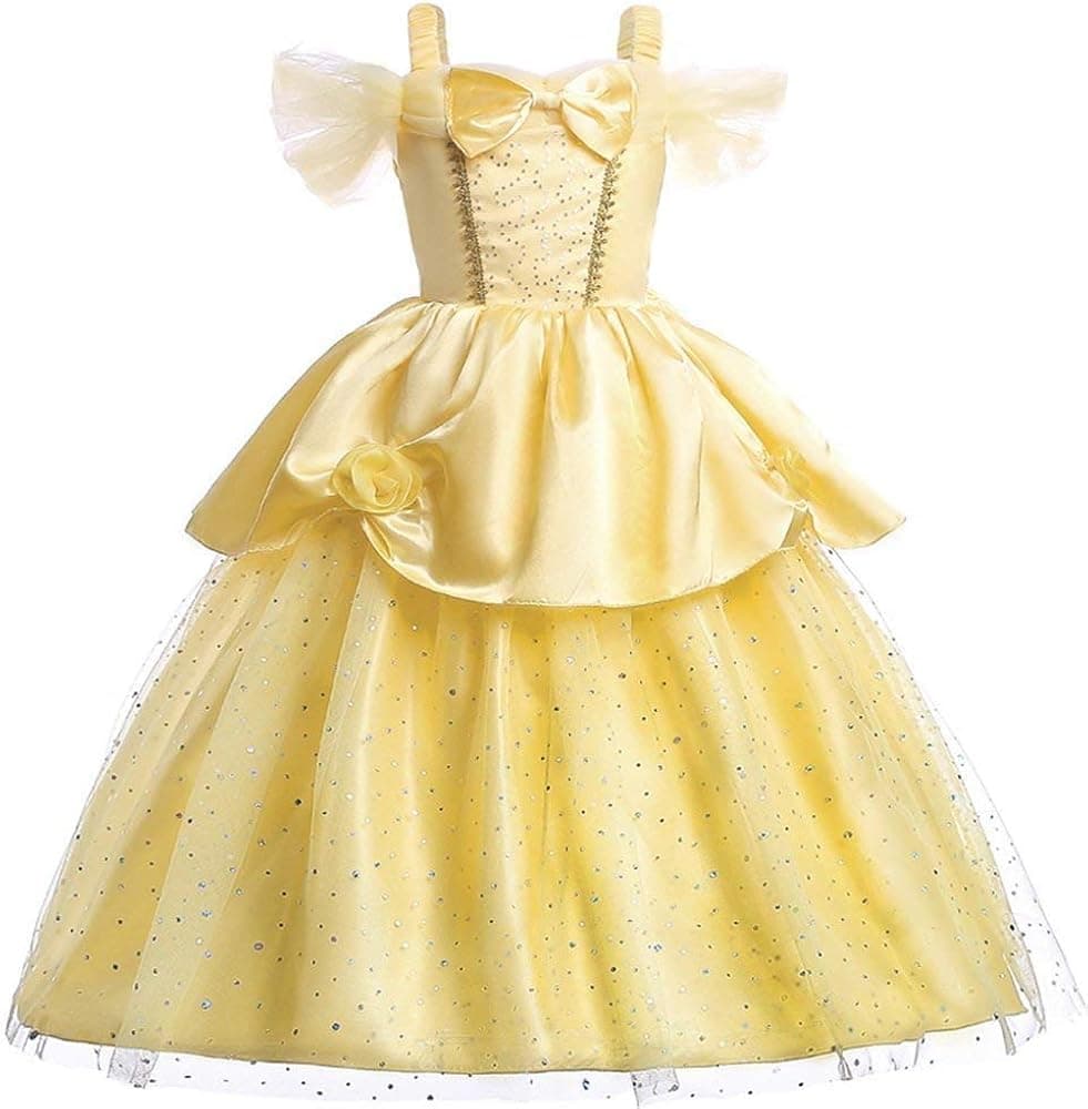 Little Girls Yellow Roses Princess Costume Dress Off Shoulder Layered Dress up