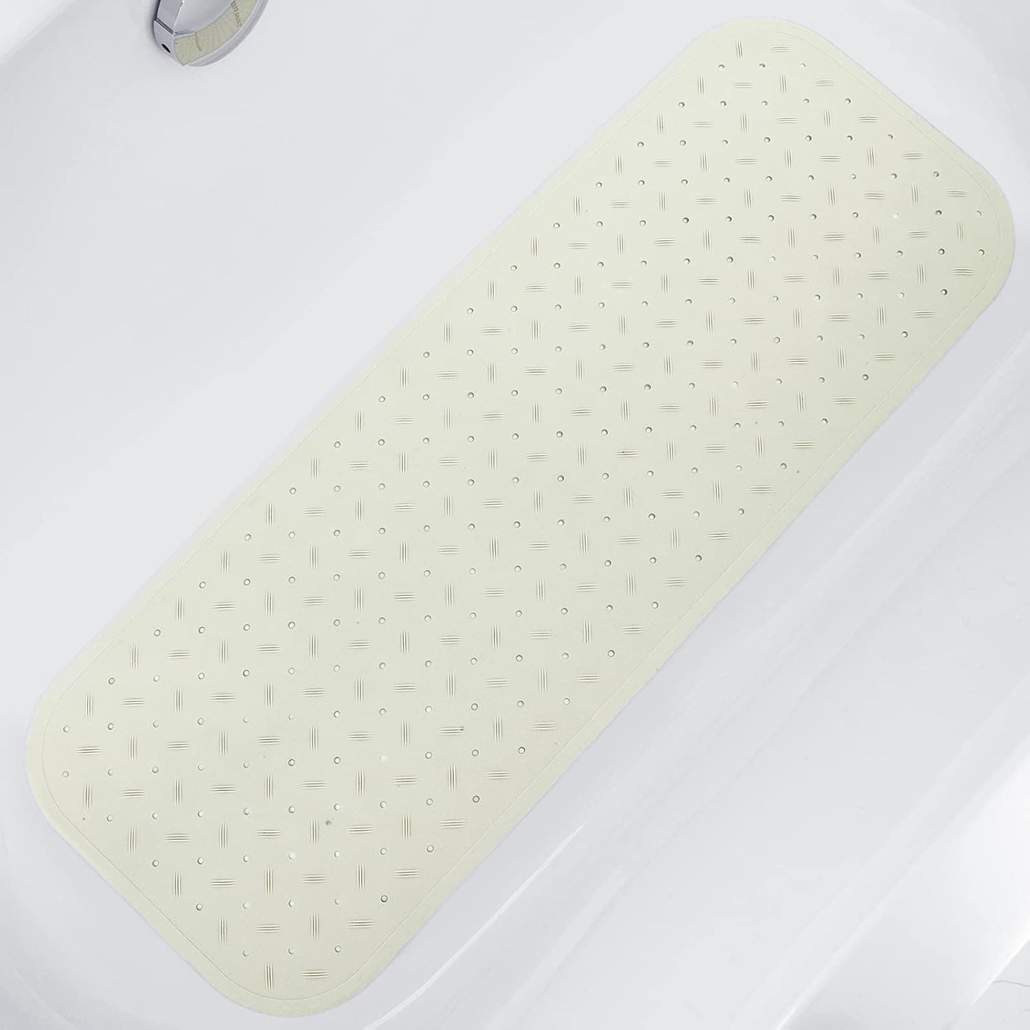 Duwenem Bath Tub and Shower Mat - Extra Long 38 x 14 Inch Non-Slip Bathtub Mats with Drain Holes and Suction Cups, Machine Washable TPE Bath Mat for Bathroom (Beige)