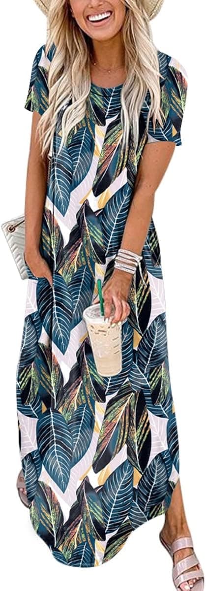 ANRABESS Women's Casual Loose Short Sleeve Long Dress Split Maxi Summer Beach Dress with Pockets