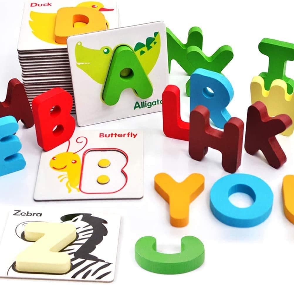 Vankcp 26Pcs Wooden Letters Card Numbers Alphabets ABC Flash Cards Set Montessori Educational Toy Animal Color Cognition Matching Puzzle Game for Toddlers Age 3 Preschool and Up Years