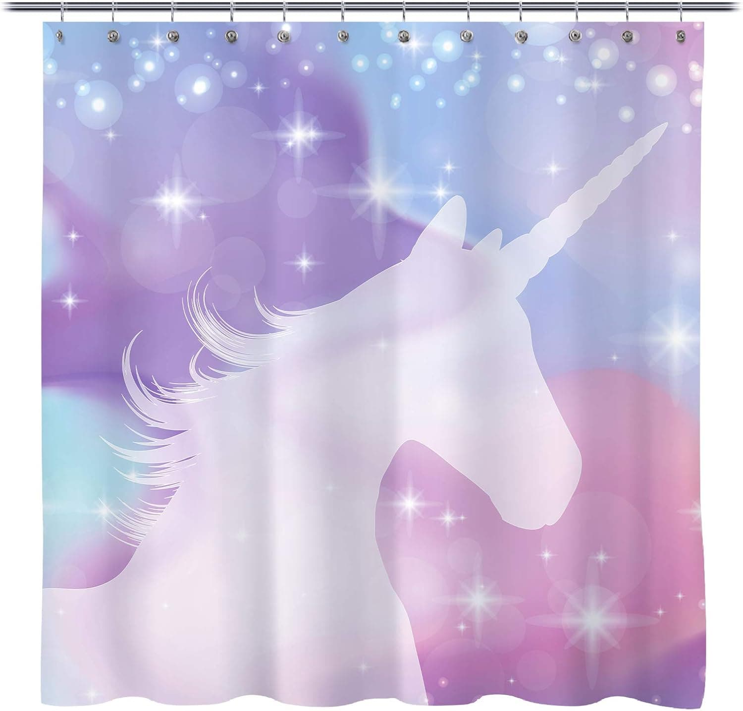 Sunlit Designer Colorful Magical Unicorn Fabric Shower Curtain Legendary Myth Creature with Stars Dream Print for Kids and Girls Bathroom and Party Decoration