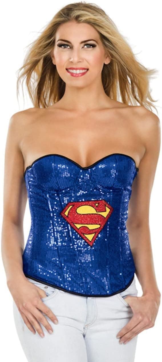 Secret Wishes DC Comics Justice League Superhero Style Adult Corset Top with Logo Sequined Supergirl, Blue, Large