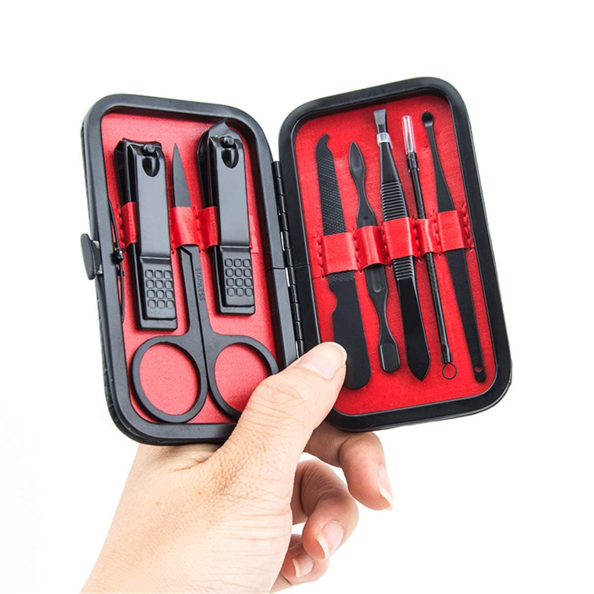 Manicure tools 8PCS manicure foot care set black nail clippers professional cleaning care set with carrying case (black red)