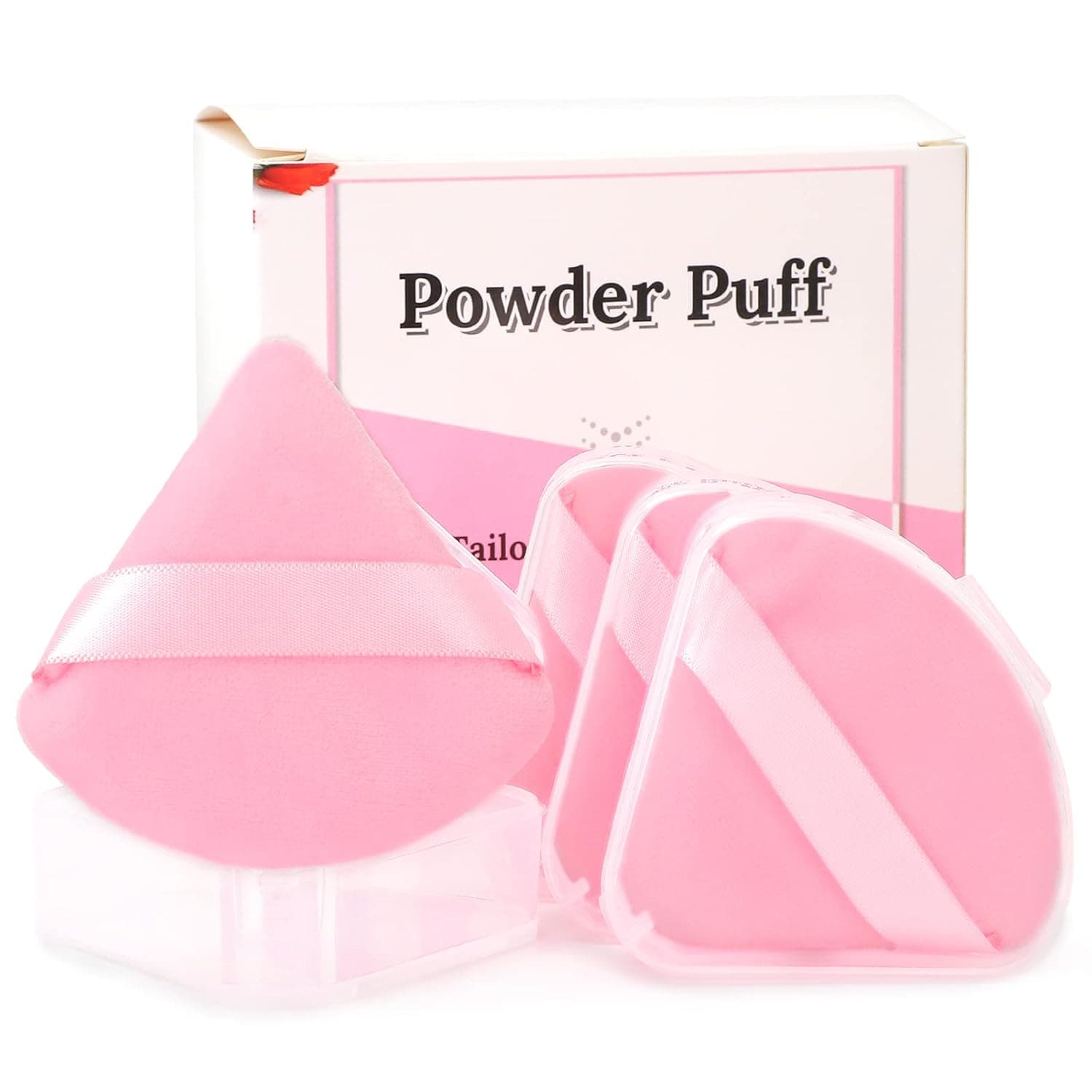 NIACONN 4 Pcs soft Velour Powder Puff Face Triangle + 4 PE Boxes, Reusable Setting Powder Puffs for Face Powder Makeup (Pink)