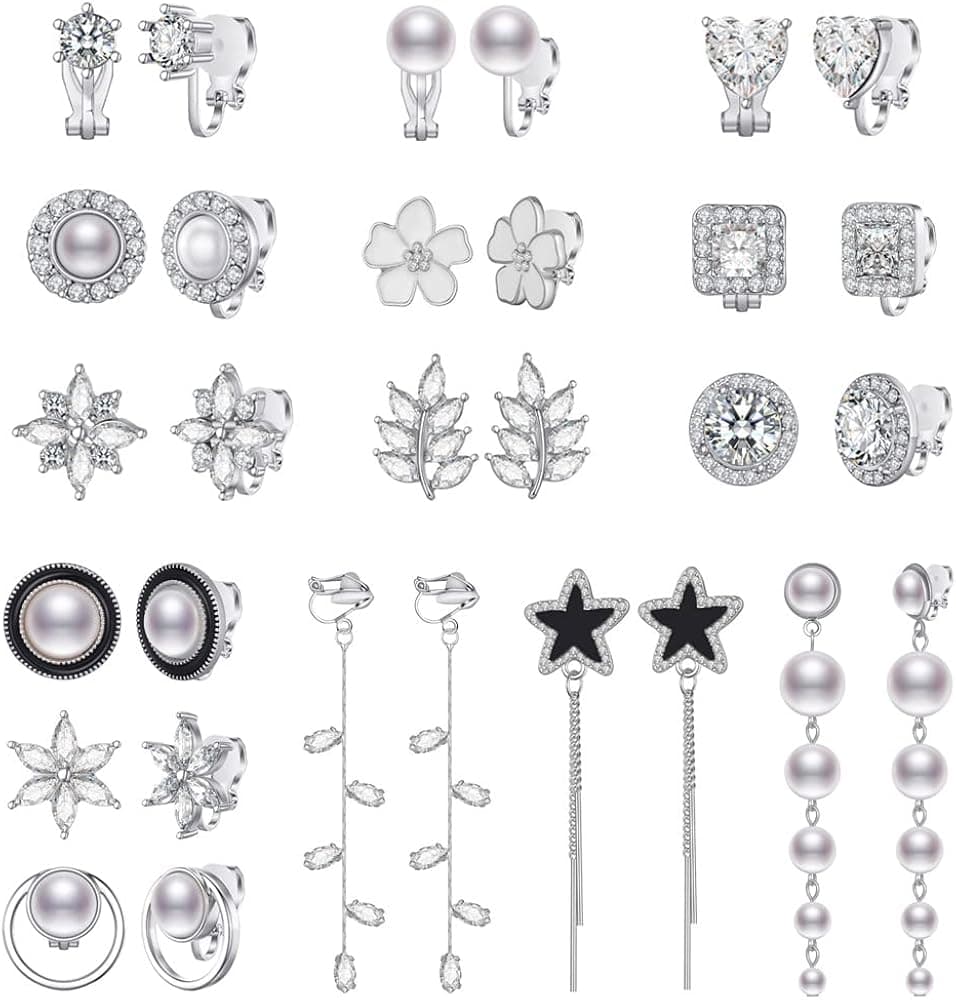 15 Pairs Gold Silver Clip on Earrings Set for Women Teen Girls CZ Simulated Pearl Clip on Earrings for Girls Hypoallergenic Non Pierced Earrings Jewelry Gift