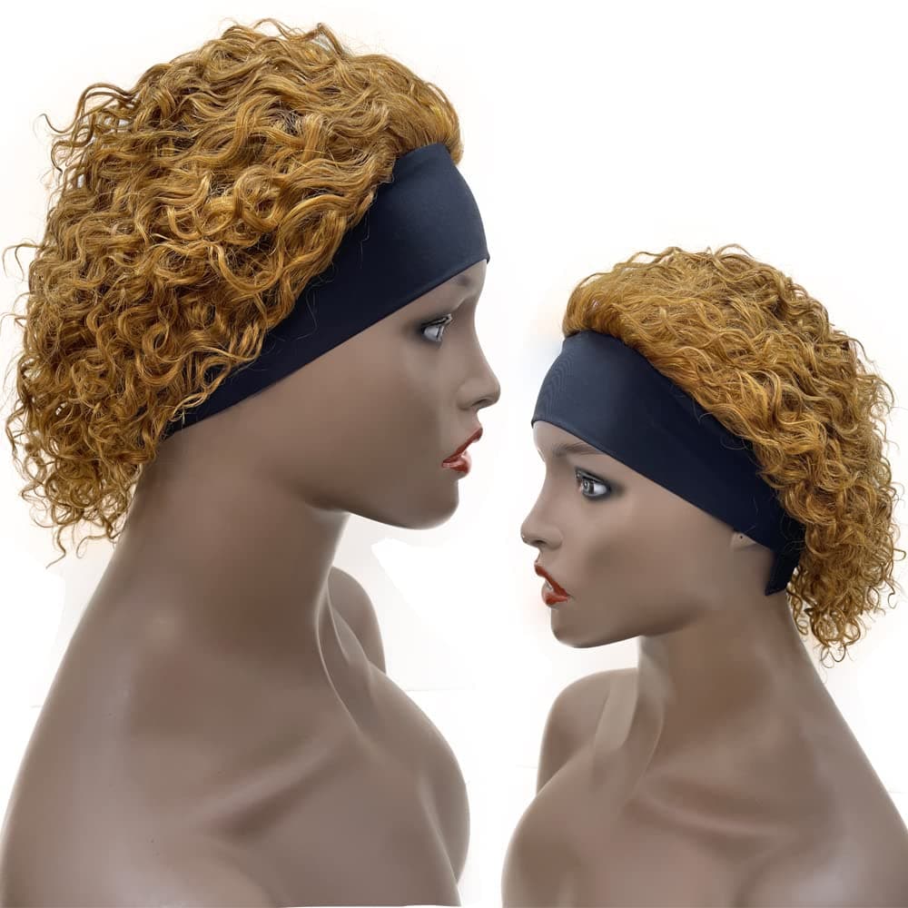 FENGDE 30# Color 6 inch Pixie Cut water wave Headband Wig Short Curly Headband Wigs Human Hair for black women 150% Density Natural Hair Wigs, None Lace Front Wig Glueless Wig