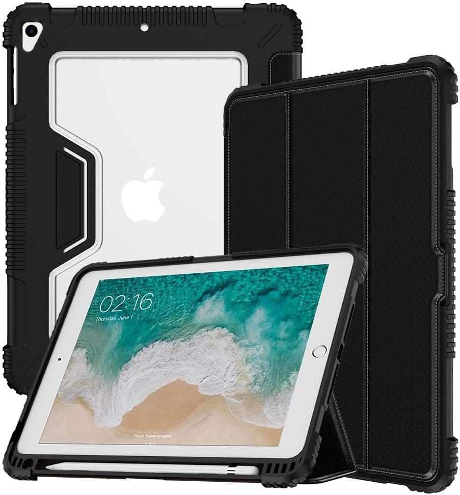 VEGO Case for iPad 6th Generation Case, iPad 5th Generation Case 2018/2017 with Pencil Holder, Shockproof Leather Trifold Stand, Auto Sleep Wake Full Body Protective Cover for iPad 9.7 inch, Black