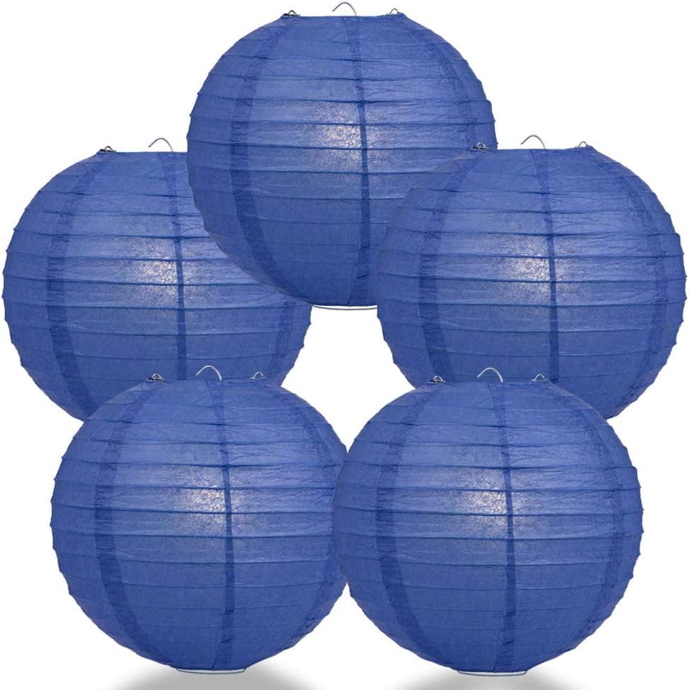 Quasimoon PaperLanternStore.com (5-Pack) 14 Inch Dark Blue Round Paper Lantern, Even Ribbing, Hanging Decoration