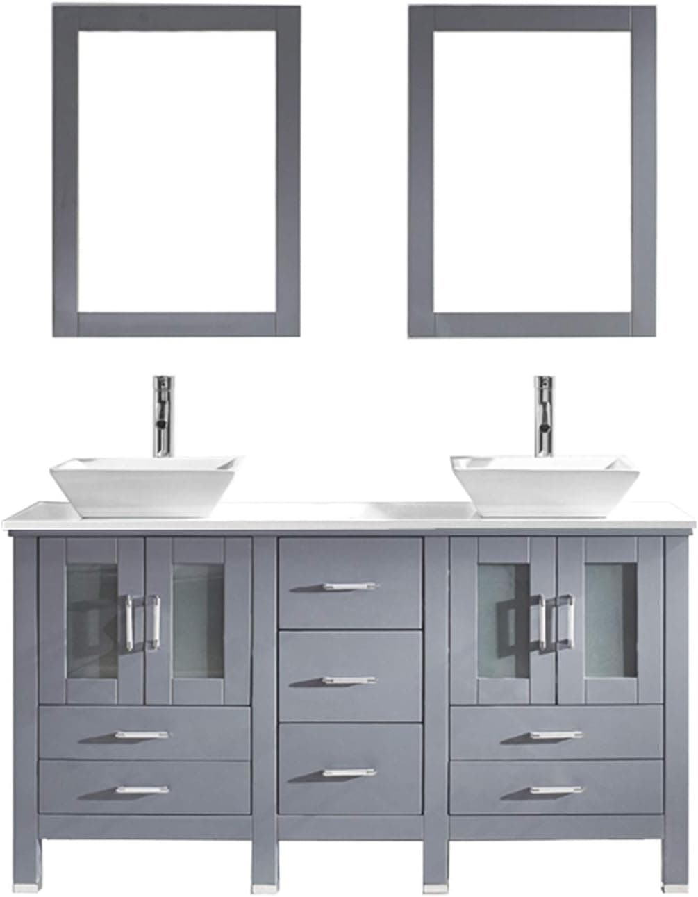 Virtu USA MD-4305-S-GR-001 Bradford 60" Double Bathroom Vanity in Grey with White Engineered Stone Top and Square Sink with Brushed Nickel Faucet and Mirrors, 60 inches, Cool Gray