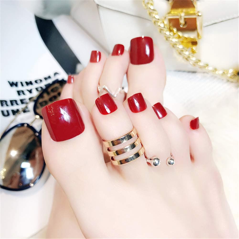 Toe Nail Art Tip & Glue Artificial False Toenails Perfect Length Pure Color Full Cover Beauty Art Decoration Manicure Color Press-On Manicure Gel Nail Kit for Women Teens Girls 24Pcs/Box(F73)