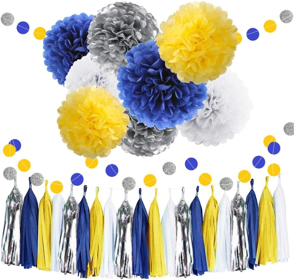 30pcs Tissue Pom Poms Yellow Blue Color Party Supplies,Navy Yellow White Silver Birthday Party Decorations Paper Tassel Garland for Bridal Shower Wedding School Ceremony Graduation Theme Party Supplie