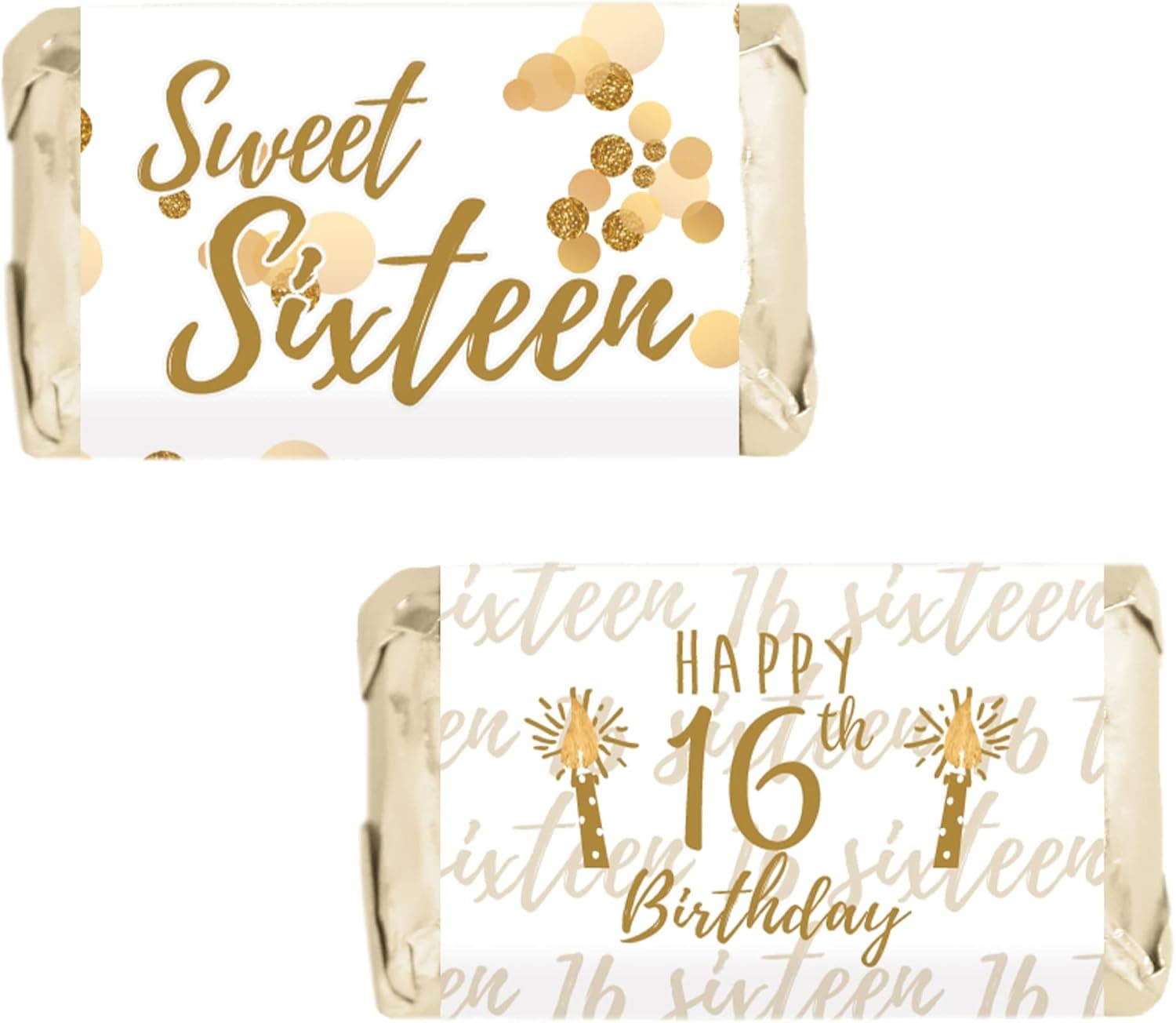 White and Gold Sweet Sixteen Mini Chocolate Candy Bar Wrappers - 16th Birthday Party Favor Labels - 45 Stickers