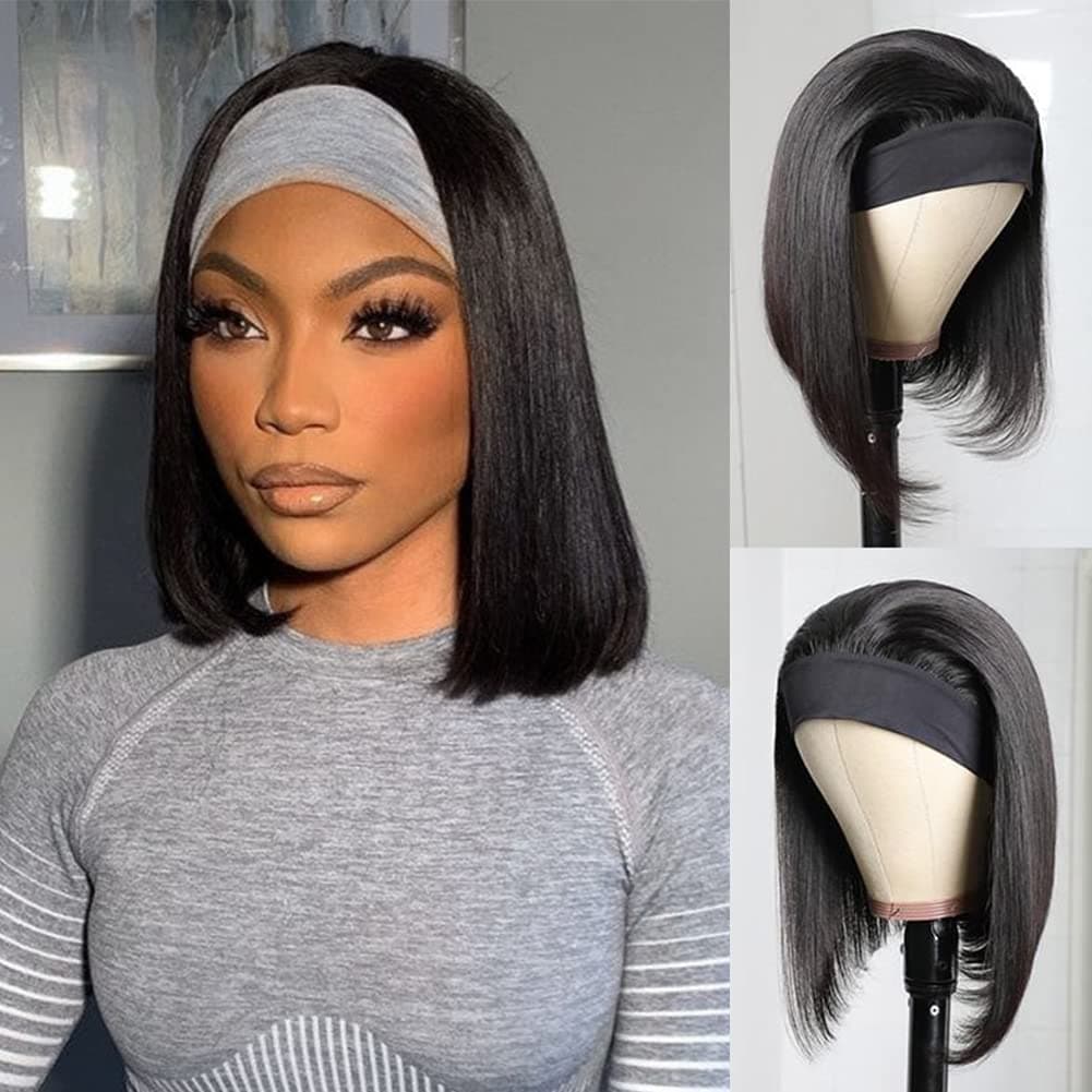 Luyou Headband Wig Human Hair Bob Headband Wigs for Women Glueless Human Hair 10 Inch Straight Bob Headband Wigs Human Hair Natural Black Bob Wig