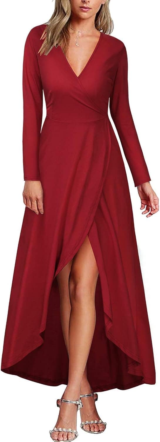 KILIG Womens V Neck Long Sleeve Asymmetrical Casual Maxi Dresses (Wine-1, L)