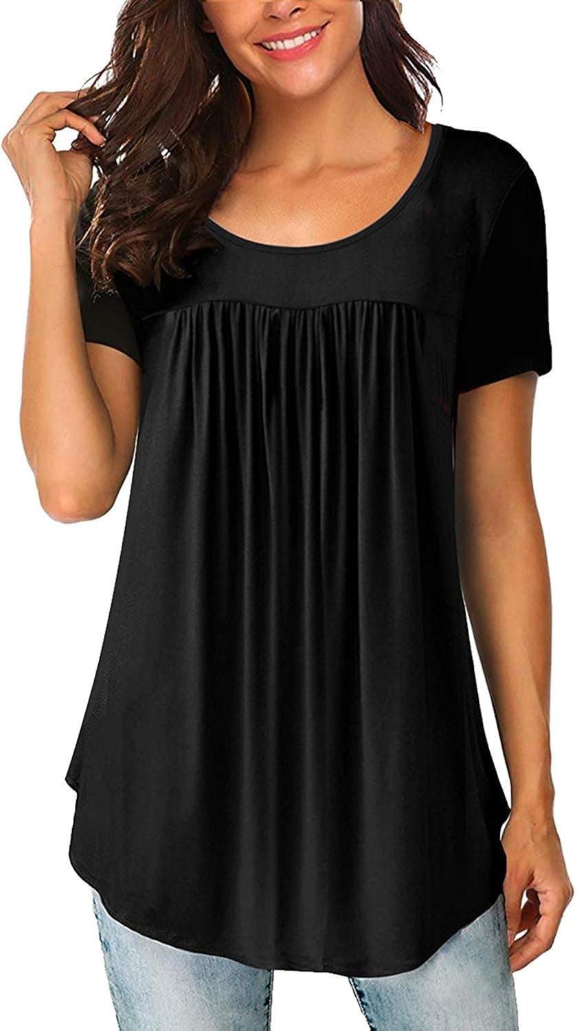 ELF QUEEN Black Shirts for Women Loose Fit Short Sleeve Blouses Casual Swing Ruffle Tops Large