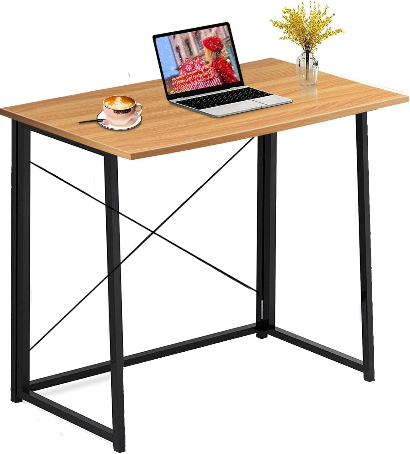 QooWare Small Folding Desk, 80cm Portable Writing Computer Desk for Home Office, Kids Study Modern Simple Desk with Metal Legs, Supports Up to 30kgs - Birch
