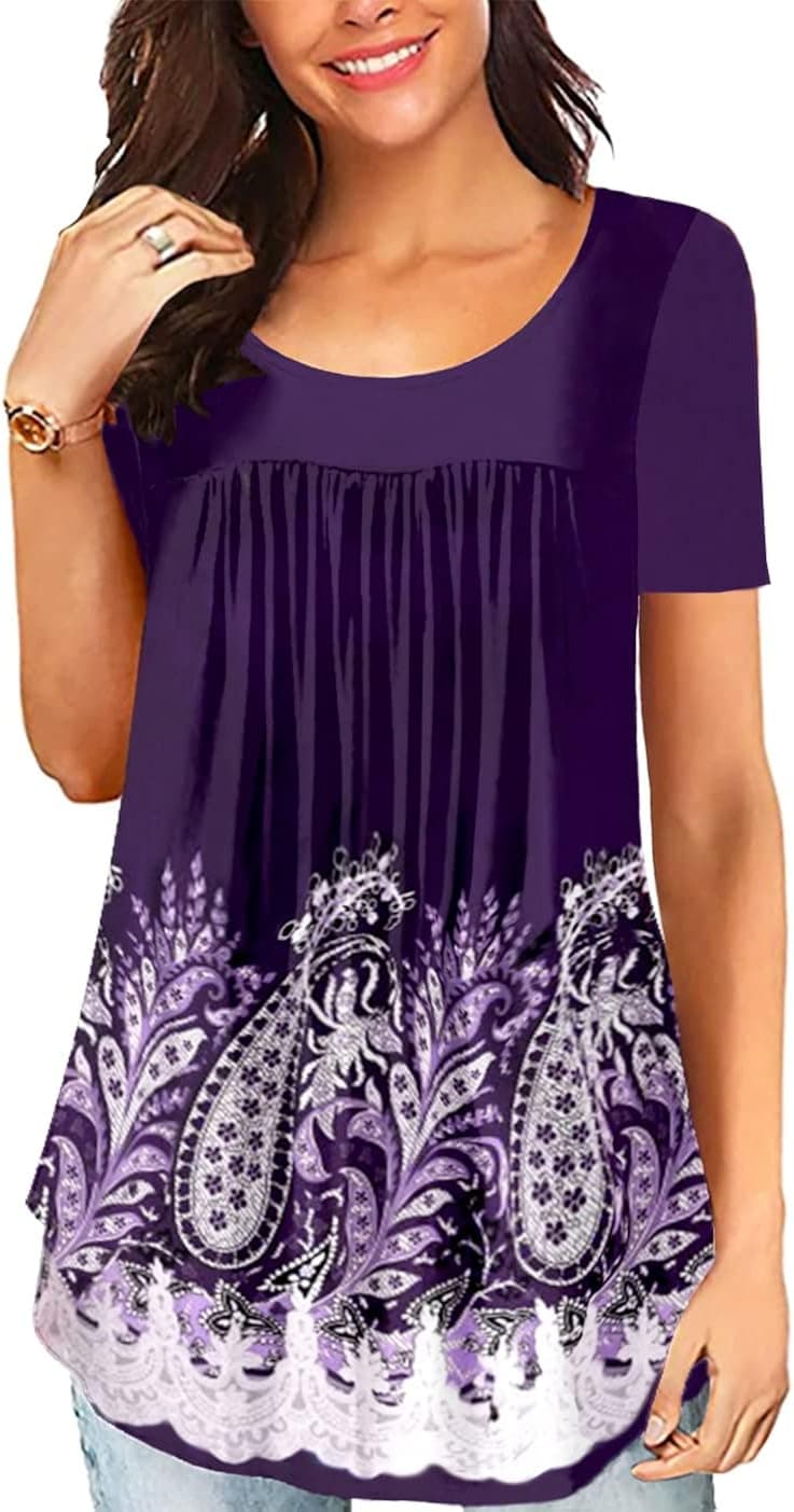 Women's Summer Short Sleeve Tunic Plus size ladies shirts Floral Blouse Loose Flowy Tops for Leggings M-4XL