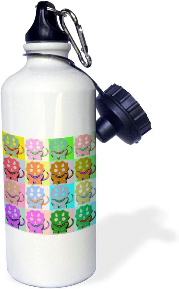 3dRose Cartoon Triceratops Pop Art Sports Water Bottle, 21 oz, White