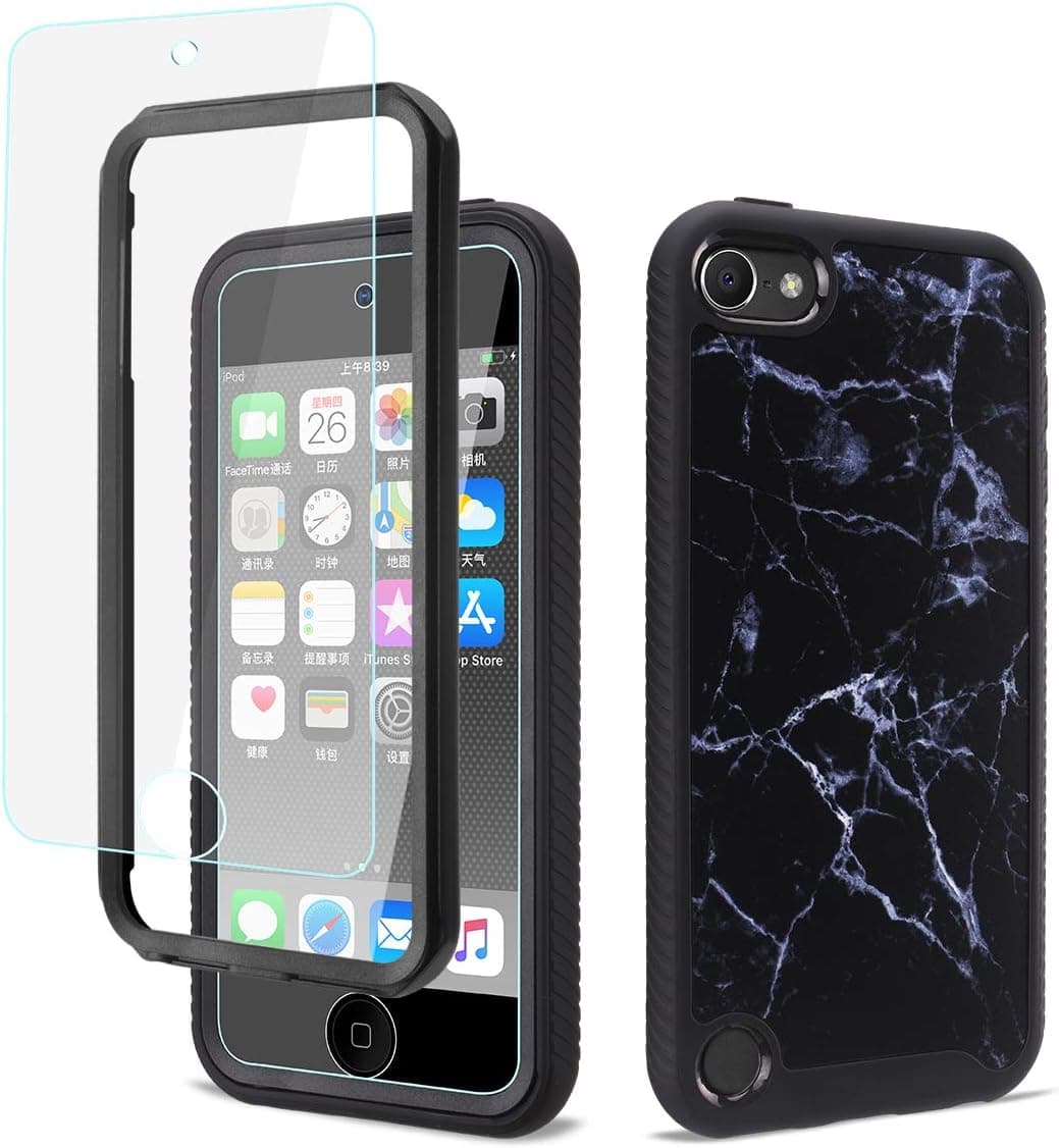GOLINK Shockproof Hybrid Full Body Protective Case with HD Screen Protector Compatible with iPod Touch 5th iPod Touch 6 iPod Touch 7-Black Marble