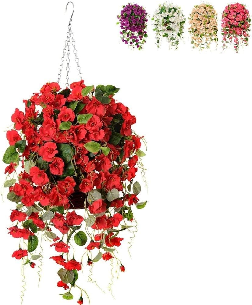 Hanging Baskets with Artificial Flowers, Fake Silk Hanging Basket Orchid Rose Flowers Plants, Faux Flower Centerpieces, for Home Decoration Indoor Outdoor Landscaping, Red