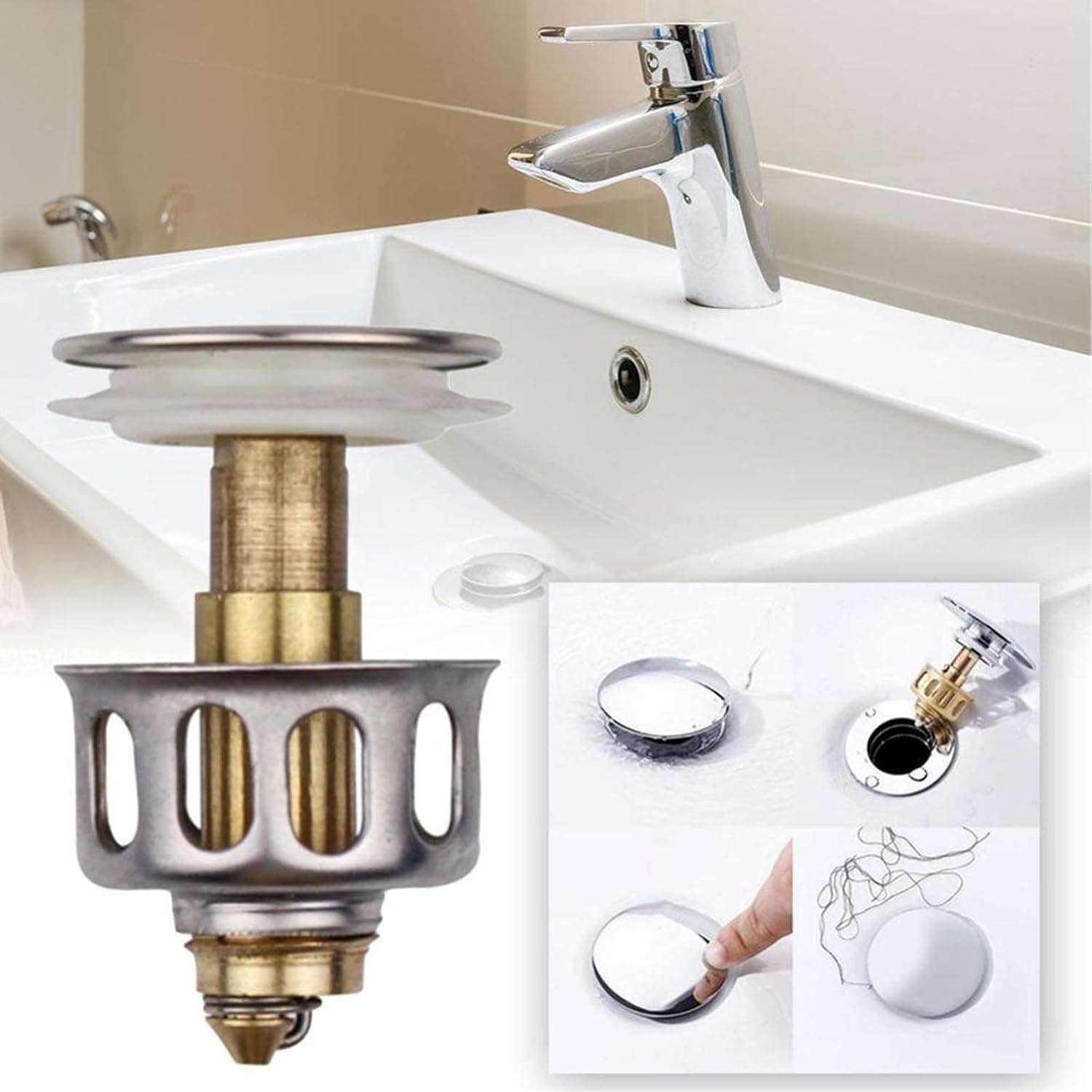 XFSSFWB 1.38'' Universal Wash Basin Bounce Drain Filter, Pop Up Bathroom Sink Drain Plug with Basket without Overflow, Anti Clogging Strainer Protector for Bathroom Kitchen (1Pc)